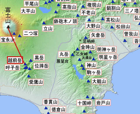 富士山と越前岳の地図